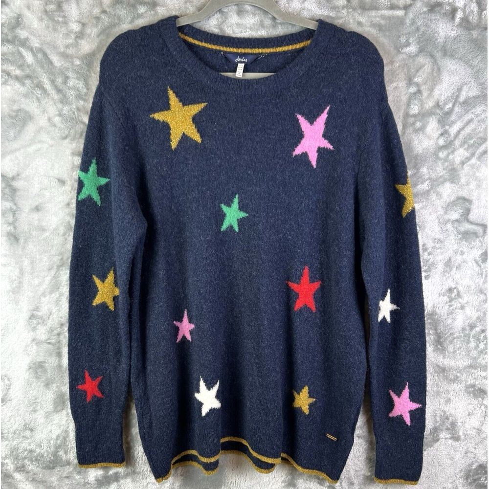 Joules Chantelle Women's Sweater Jumper Sz US 14 Soft Cozy Navy Multicolor Stars